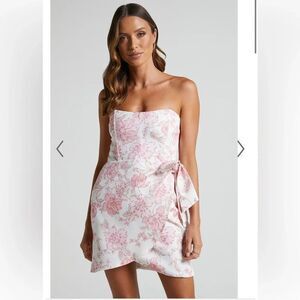 Showpo Dress Womens 4 Pink Floral Strapless Sweetheart Wrap Mini Party Wedding